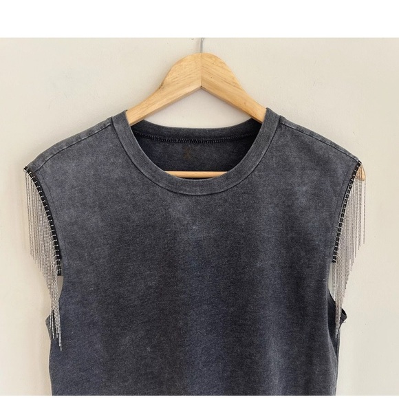 Silver Beaded Fringe Washed Black Grey Western T Shirt Tank Top NWOT Size M - Picture 5 of 9